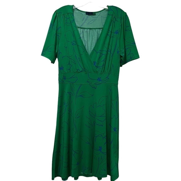 ava the brand Medium Green and Blue Floral Faux Wrap Deep V Neck Midi Dress O - Picture 1 of 5